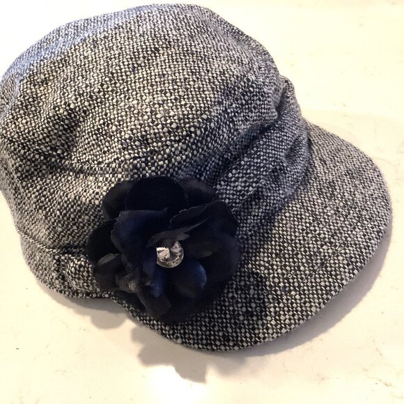 Womens Gray Tweed Railroad Hat Wool Blend Cap w/ Removable Rosette Vintage Style - Picture 1 of 8